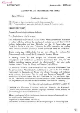 Première page de Examen Blanc de ALLEMAND — 3e — CEG1 Abomey (2022)