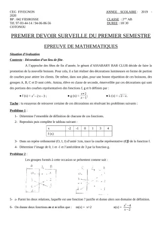 Première page de Mathématiques 2nde A2, 2nde B — 1er devoir surveillé, 1er semestre (2019-2020) · CEG FIYEGNON