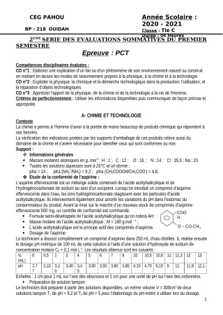 Première page de PCT Tle C — 2e évaluation sommative, 1er semestre (2020-2021) · CEG PAHOU