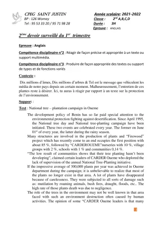 Première page de Anglais 2nde A2, 2nde B, 2nde C, 2nde D — 2e devoir surveillé, 1er trimestre (2021-2022) · CPEG SAINT Justin