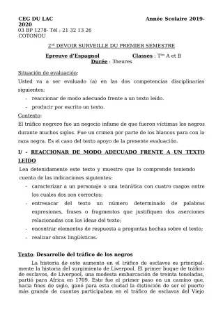 Première page de Espagnol Tle A2, Tle B — 2e devoir surveillé, 1er semestre (2019-2020) · CEG du Lac