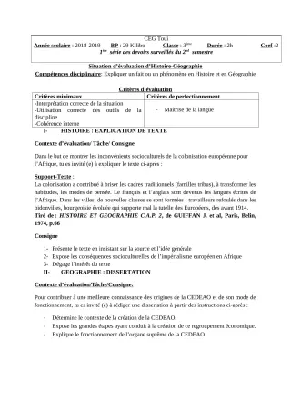 Première page de Histoire-Géographie 3e, 3e ML — 1er devoir surveillé, 2e semestre (2018-2019) · CEG TOUI