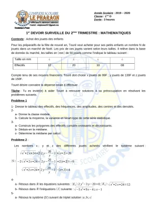 Première page de Mathématiques 1ère D — 1er devoir surveillé, 2e trimestre (2019-2020) · CPEG LE PHARAON