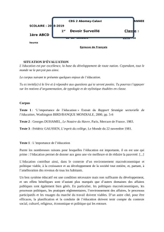 Première page de Français 1ère A1, 1ère A2, 1ère B, 1ère C, 1ère D — 1er devoir surveillé, 1er semestre (2018-2019) · CEG2 ABOMEY - CALAVI (CEG ZOCA)