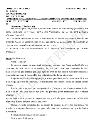Première page de Français 4e — Évaluation sommative, 1er trimestre (2019-2020) · CPEG ENFANT PRODIGE