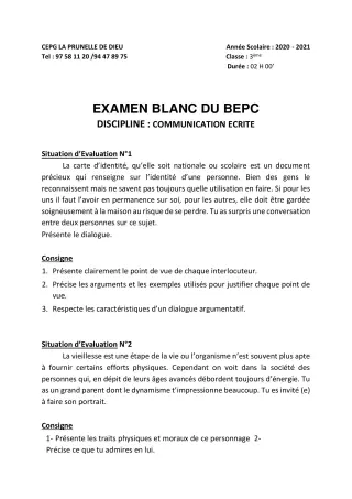 Première page de Devoir surveillé de FRANCAIS — 6e, 5e, 4e, 3e, 3e ML, 2nde B, 2nde C — CEPG La Prunelle de Dieu (2020)