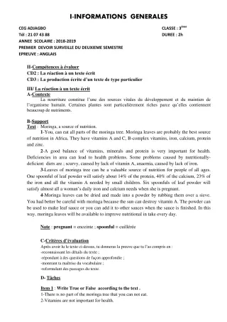 Première page de Anglais 3e, 3e ML — 1er devoir surveillé, 2e semestre (2018-2019) · CEG ADJAGBO