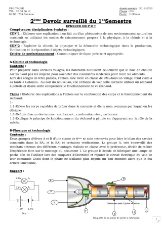 Première page de PCT 6e — 2e devoir surveillé (2019-2020) · CEG Yagbe