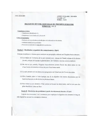 Première page de SVT 6e — 2e devoir surveillé, 1er semestre (2019-2020) · CEG ADJAGBO