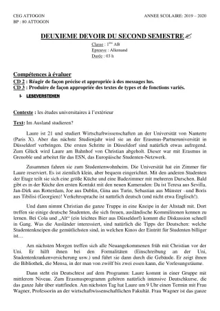 Première page de Allemand 1ère A & B, 1ère A1, 1ère A2, 1ère B — 2e devoir surveillé, 2e semestre (2019-2020) · CEG Attogon