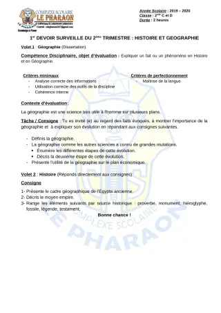 Première page de Histoire-Géographie 2nde A, 2nde B, 2nde C, 2nde D — 1er devoir surveillé, 2e trimestre (2019-2020) · CPEG LE PHARAON
