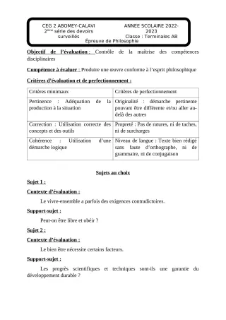 Première page de Philosophie Tle B — 2e devoir surveillé, 2e semestre (2022-2023) · CEG2 ABOMEY - CALAVI (CEG ZOCA)