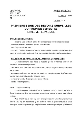 Première page de Espagnol 1ère A2, 1ère B — 1er devoir surveillé, 1er semestre (2022-2023) · CEG PAHOU