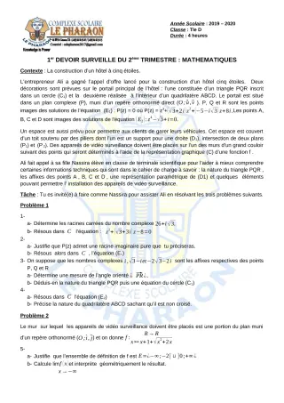 Première page de Mathématiques Tle D — 1er devoir surveillé, 2e trimestre (2019-2020) · CPEG LE PHARAON