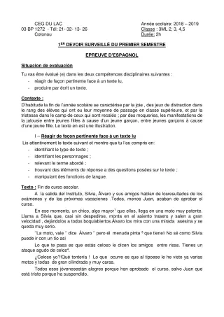 Première page de Espagnol 3e ML — 1er devoir surveillé, 1er semestre (2018-2019) · CEG du Lac