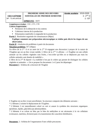 Première page de SVT 2nde D — 1er devoir surveillé, 1er semestre (2019-2020) · CEG Kaïtèmè