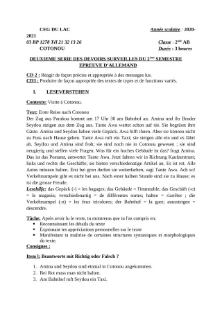 Première page de Allemand 2nde A, 2nde B — 2e devoir surveillé, 2e semestre (2020-2021) · CEG du Lac