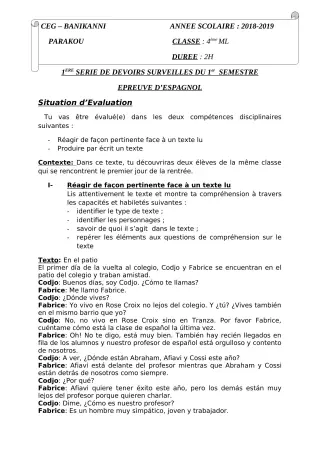 Première page de Espagnol 4e ML — 1er devoir surveillé, 1er semestre (2018-2019) · CEG Banikanni