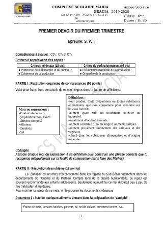 Première page de SVT 6e — Composition, 1er trimestre (2019-2020) · CPEG MARIA GRACIA