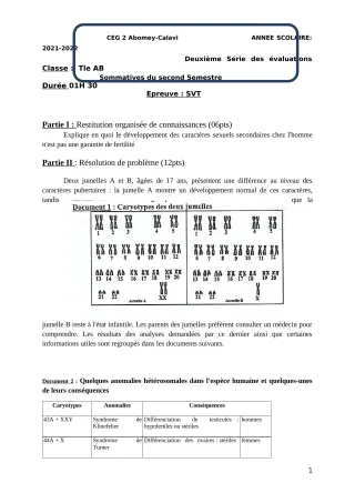 Première page de SVT Tle A1 — 2e évaluation sommative, 2e semestre (2021-2022) · CEG2 ABOMEY - CALAVI (CEG ZOCA)