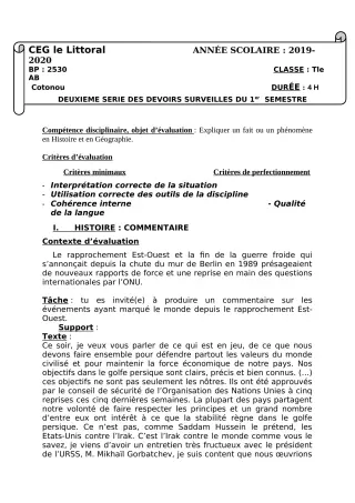 Première page de Histoire-Géographie Tle A2, Tle B, Tle D — 2e devoir surveillé, 1er semestre (2019-2020) · CEG Le Littoral
