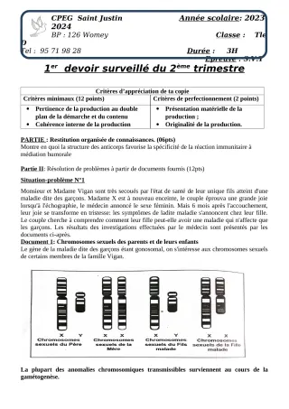 Première page de SVT 2nde A2, 2nde B, 2nde D, Tle D — 1er devoir surveillé, 2e trimestre (2023-2024) · CPEG SAINT Justin
