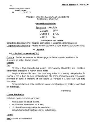 Première page de Anglais 5e — 1re évaluation sommative, 1er semestre (2019-2020) · CEG1 Abomey-Calavi