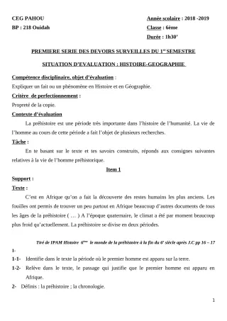 Première page de Histoire-Géographie 6e — 1er devoir surveillé, 1er semestre (2018-2019) · CEG PAHOU