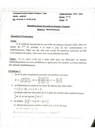 Première page de Mathématiques 2nde A2, 2nde B, 2nde D — 2e devoir surveillé, 1er trimestre (2019-2020) · CPEG SEGUIN SENGHOR