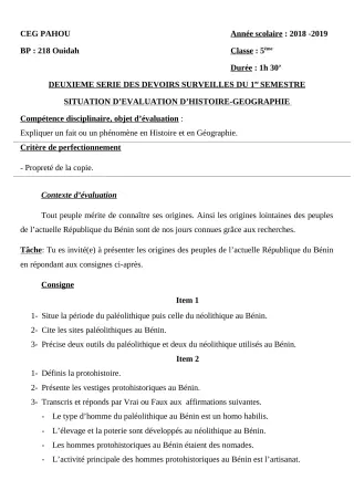 Première page de Histoire-Géographie 5e — 2e devoir surveillé, 1er semestre (2018-2019) · CEG PAHOU