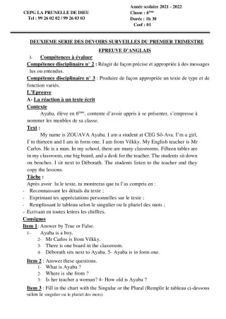 Première page de Anglais 6e — 2e devoir surveillé, 1er trimestre (2021-2022) · CEPG La Prunelle de Dieu
