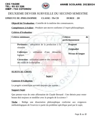 Première page de Philosophie Tle C, Tle D — 2e devoir surveillé, 2e semestre (2023-2024) · CEG Yagbe
