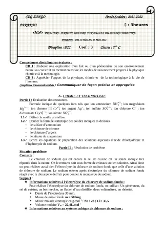 Première page de PCT 2nde C — 1er devoir surveillé, 2e semestre (2021-2022) · CEG ZONGO