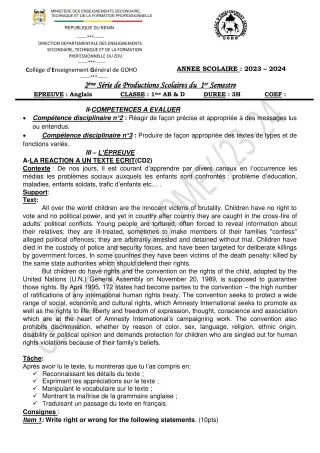 Première page de Anglais 1ère A & B — 2e production scolaire, 1er semestre (2023-2024) · CEG GOHO