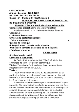 Première page de Histoire-Géographie 3e, 3e ML — 1er devoir surveillé, 2e semestre (2018-2019) · CEG3 OUIDAH