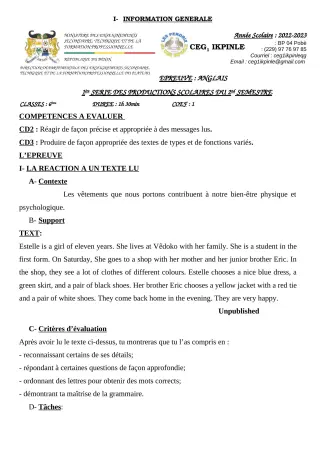 Première page de Anglais 6e — 1re production scolaire, 2e semestre (2022-2023) · CEG1 Ikpinlè