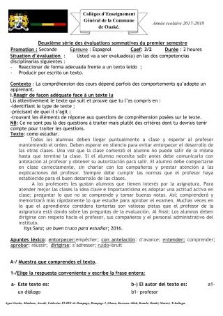 Première page de Espagnol 2nde A1 — 2e évaluation sommative, 1er semestre (2017-2018) · CEG C.P de Dompago
