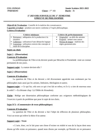 Première page de Philosophie 2nde A, 2nde A2, 2nde B, 2nde C, 2nde D, 1ère A1, 1ère A2, 1ère B, 1ère C, 1ère D, Tle A1, Tle A2, Tle B, Tle C, Tle D — 1er devoir surveillé, 1er semestre (2021-2022) · CEG ZONGO