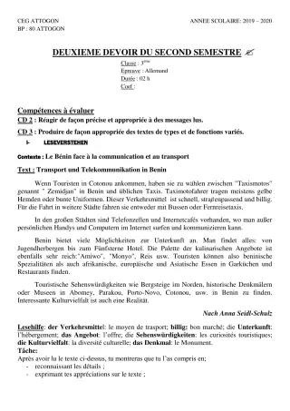 Première page de Allemand 3e ML — 2e devoir surveillé, 2e semestre (2019-2020) · CEG Attogon