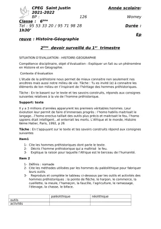 Première page de Histoire-Géographie 6e — 2e devoir surveillé, 1er trimestre (2021-2022) · CPEG SAINT Justin