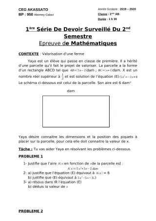 Première page de Mathématiques 2nde A, 2nde A & B, 2nde B — 1er devoir surveillé, 2e semestre (2019-2020) · CEG Akassato