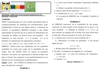 Première page de Mathématiques 1ère A & B — 1re évaluation sommative, 1er semestre (2019-2020) · CEG GBESSOU