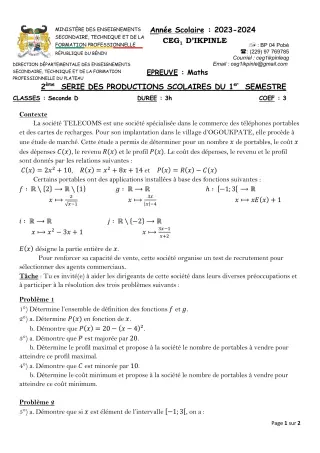 Première page de Mathématiques 2nde D — 2e production scolaire, 1er semestre (2023-2024) · CEG1 Ikpinlè