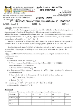 Première page de Mathématiques 2nde C — 2e production scolaire, 1er semestre (2023-2024) · CEG1 Ikpinlè