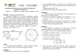 Première page de Mathématiques 5e — 1er devoir surveillé, 2e semestre (2023-2024) · CEG SEKERE