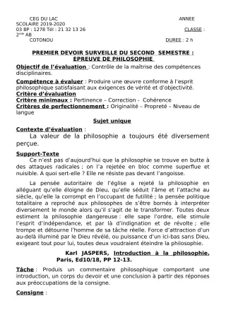 Première page de Philosophie 2nde A, 2nde B — 1er devoir surveillé, 2e semestre (2019-2020) · CEG du Lac