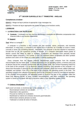Première page de Anglais 1ère A, 1ère B, 1ère C, 1ère D — 2e devoir surveillé, 1er trimestre (2019-2020) · CPEG LE PHARAON