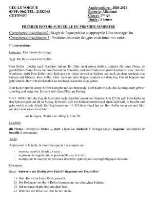 Première page de Allemand 1ère A1, 1ère A2, 1ère B — 1er devoir surveillé, 1er semestre (2020-2021) · CEG LE NOKOUE