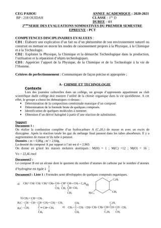 Première page de PCT 1ère D — Évaluation sommative, 1er semestre (2020-2021) · CEG PAHOU