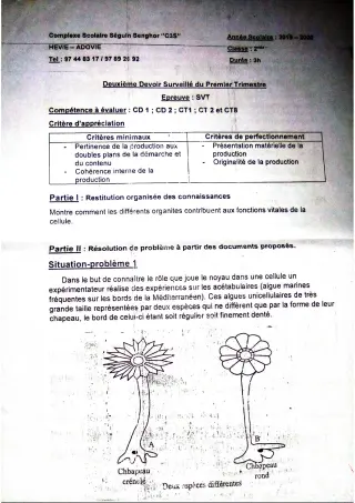 Première page de SVT 2nde A2, 2nde B, 2nde D — 2e devoir surveillé (2019-2020) · CPEG SEGUIN SENGHOR